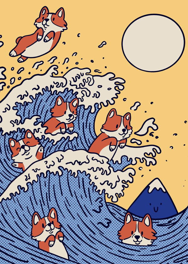 Corgis in The Great Wave