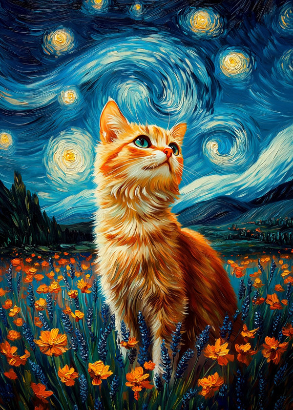 Cat and Starry Night Painting