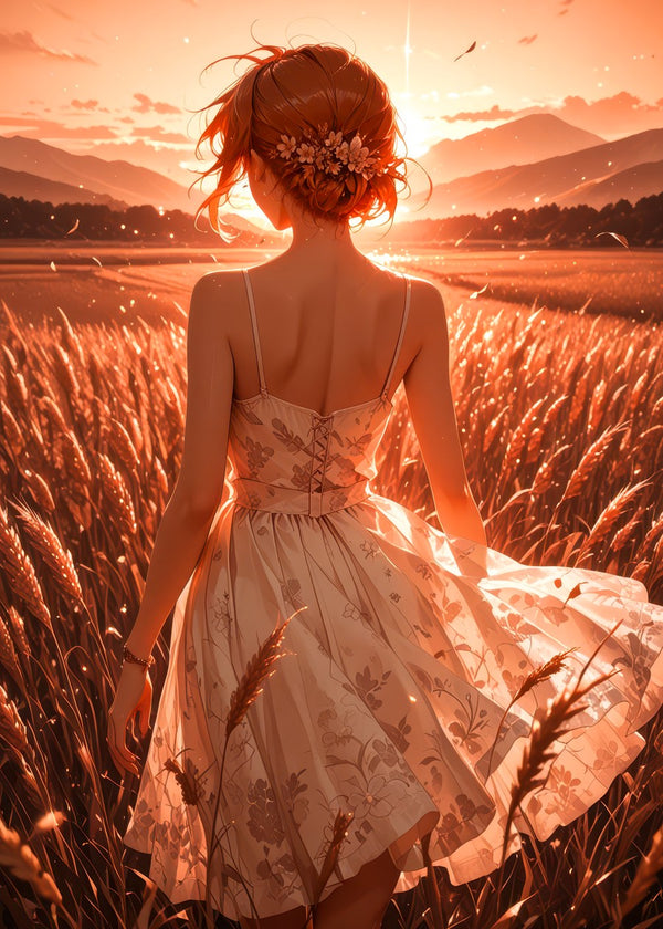 Pretty lady walking on wheatfields