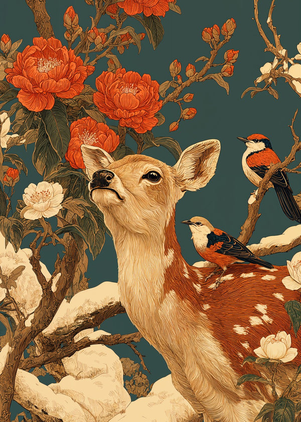 Deer & Birds in Blossom Forest