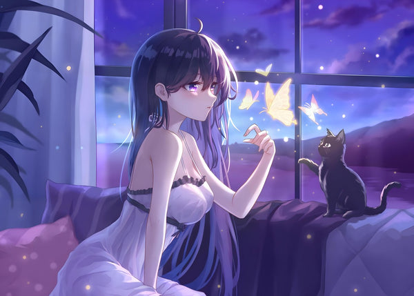 anime girl and black cat
