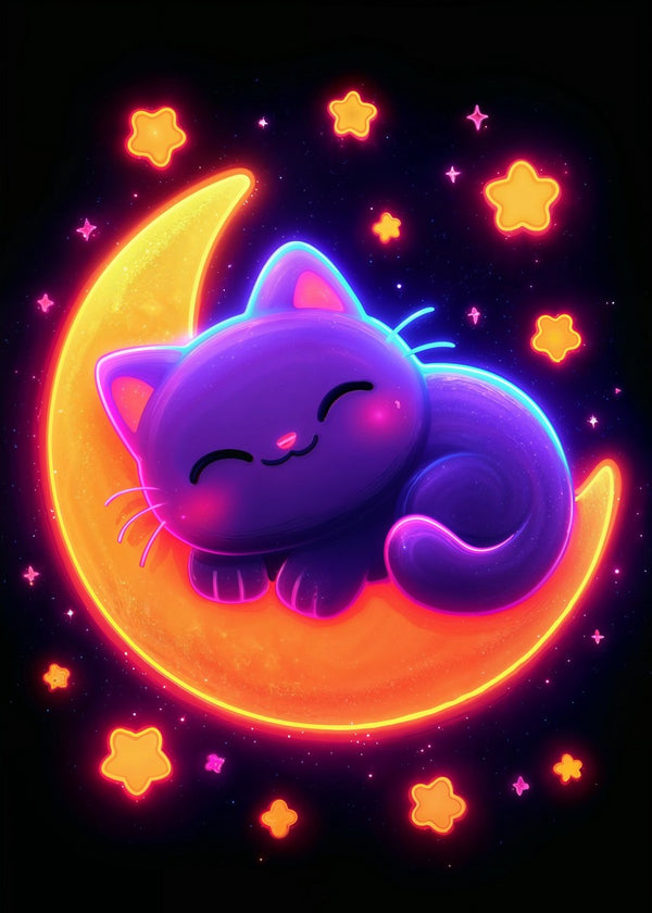 Neon Cat on Crescent Moon