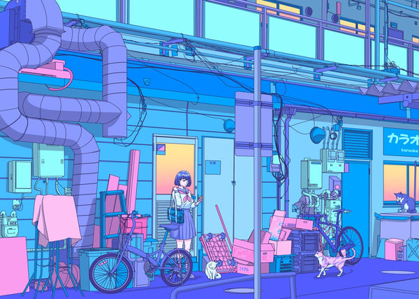 Vaporwave girl and cats in the alley
