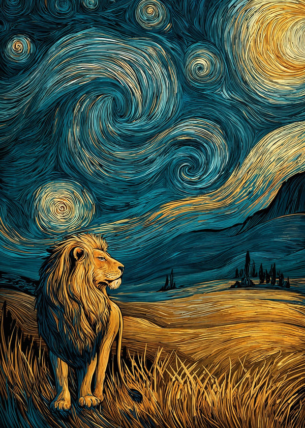 Starry Lion Under Swirls