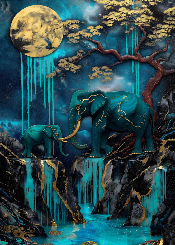 Moonlit Elephants' Journey