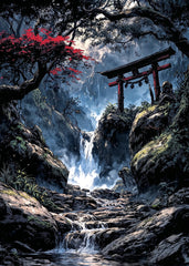 Torii by Mystic Waterfall