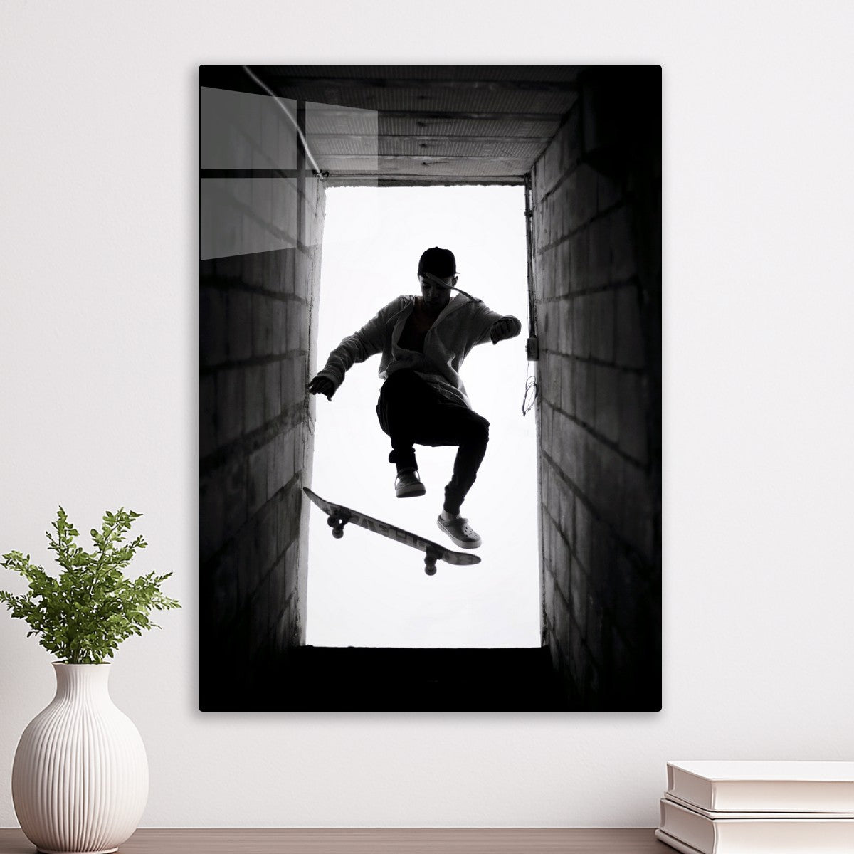 Skateboarder Silhouette in Doorframe