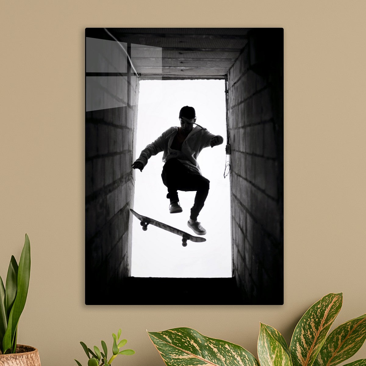 Skateboarder Silhouette in Doorframe