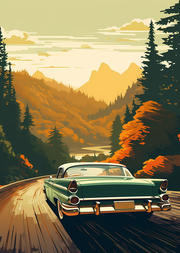 Green Vintage Car on Mountain Road