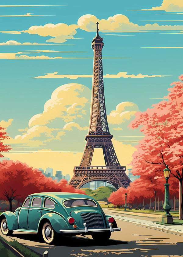 Vintage Green Beetle and Eiffel Tower