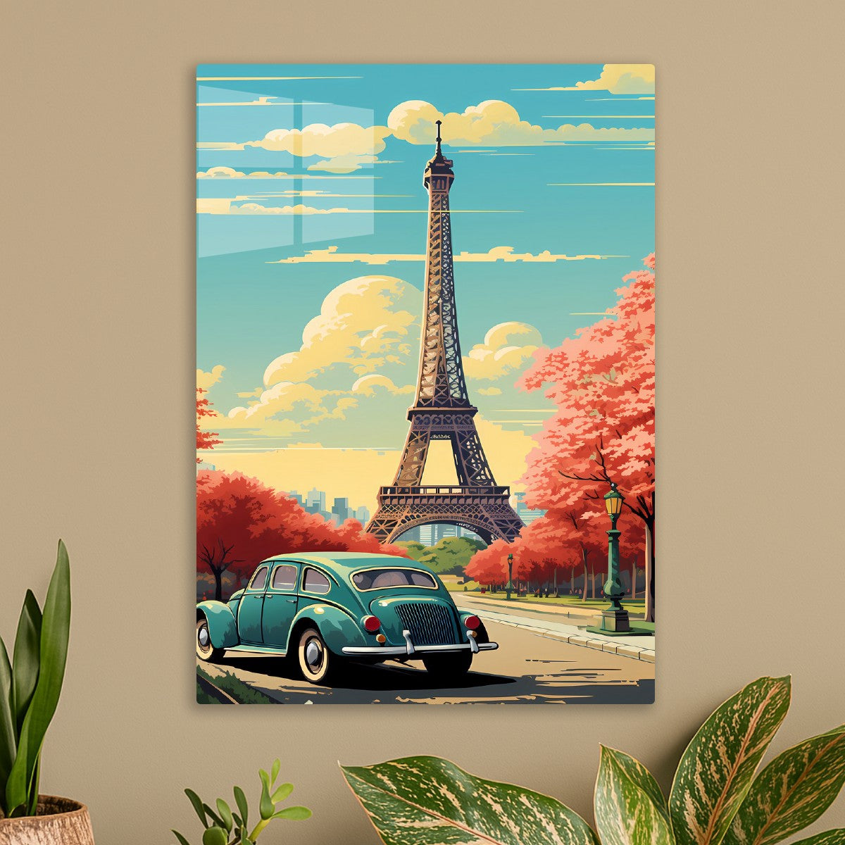 Vintage Green Beetle and Eiffel Tower