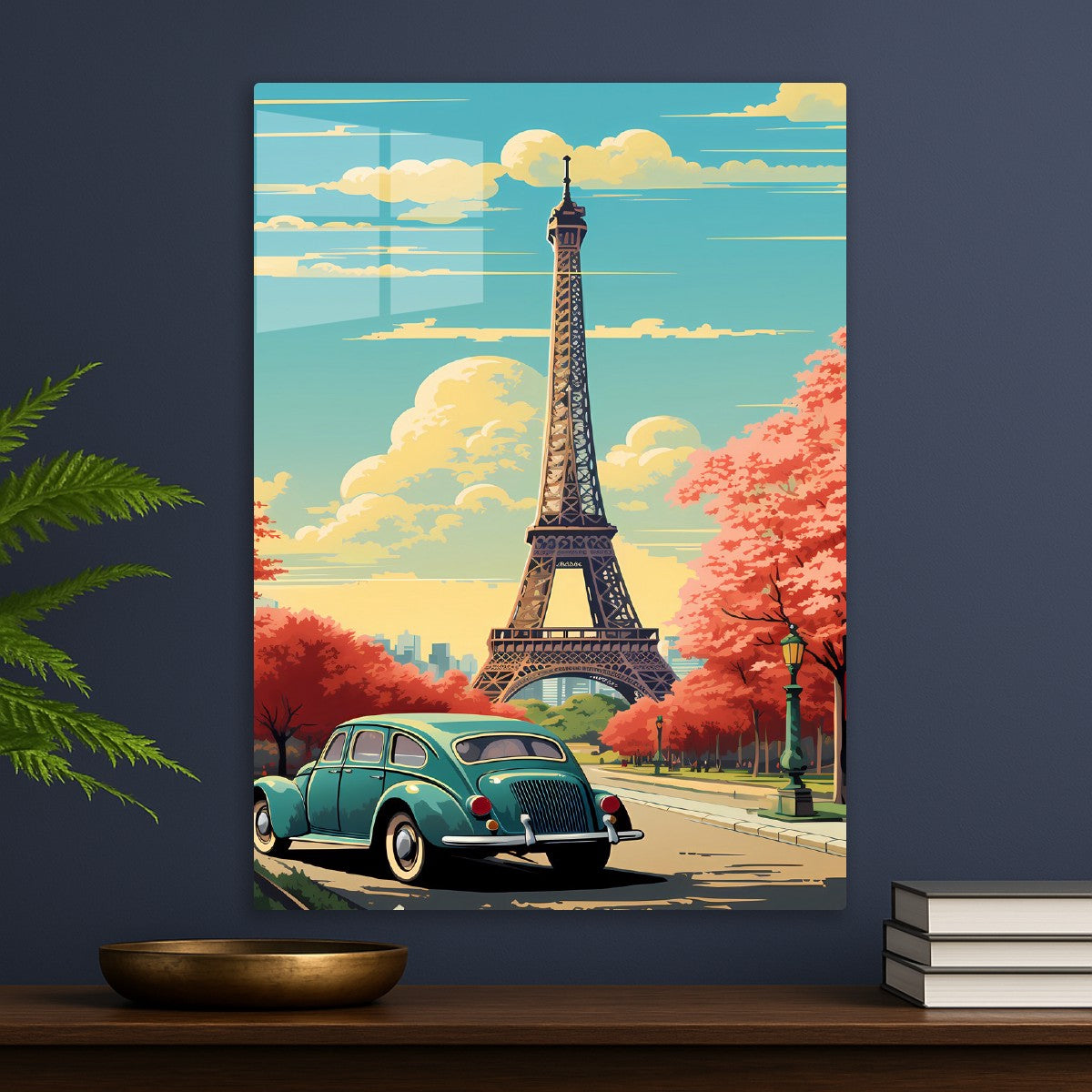 Vintage Green Beetle and Eiffel Tower