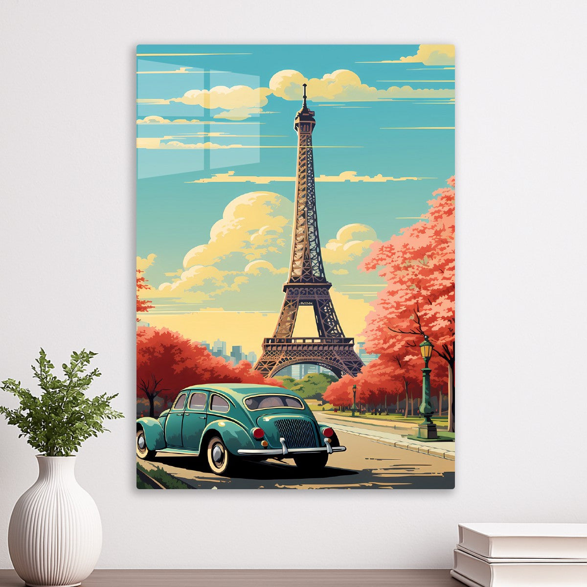 Vintage Green Beetle and Eiffel Tower