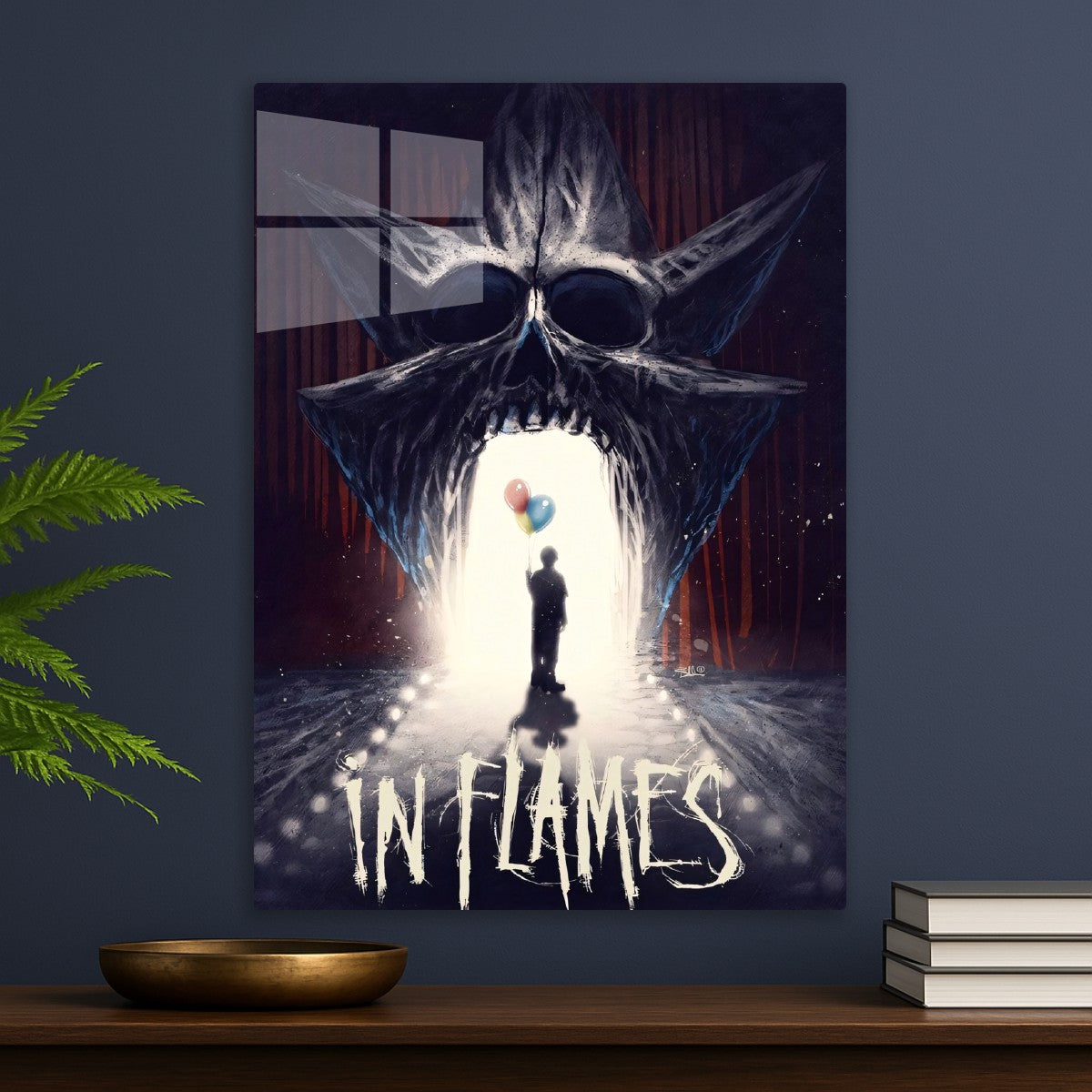in flames