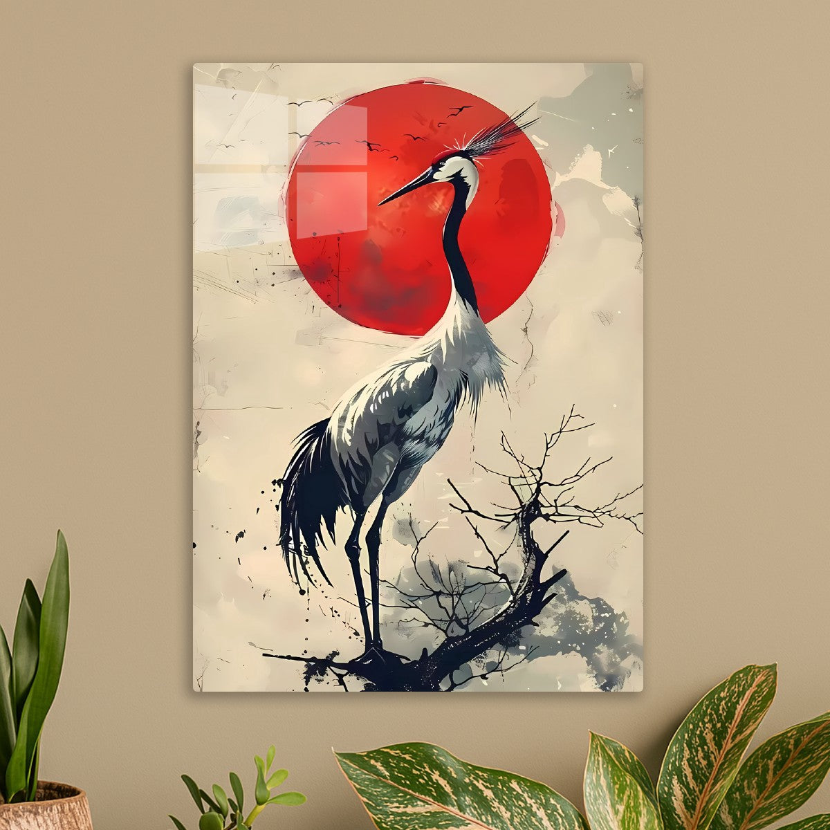 Crane and Red Sun Art