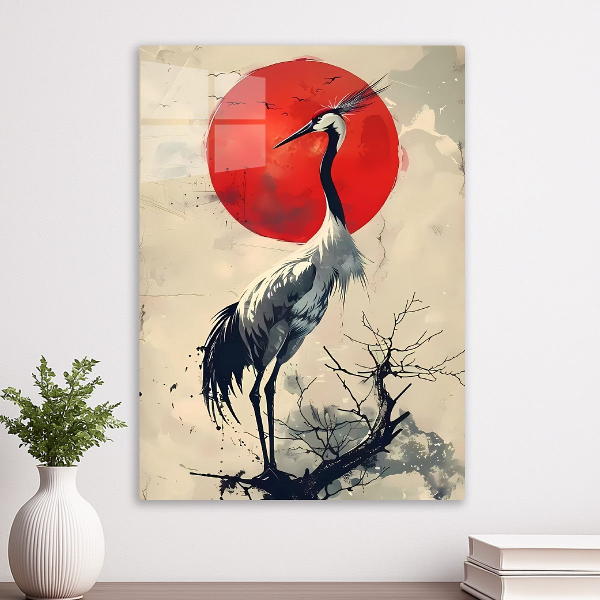 Crane and Red Sun Art