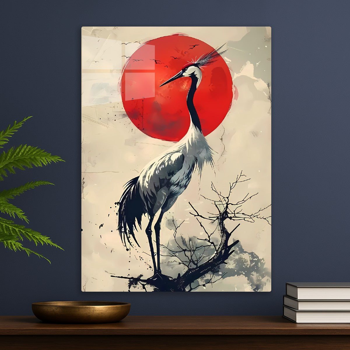 Crane and Red Sun Art