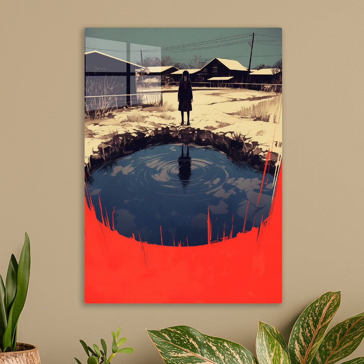 Girl by pond, dark anime style
