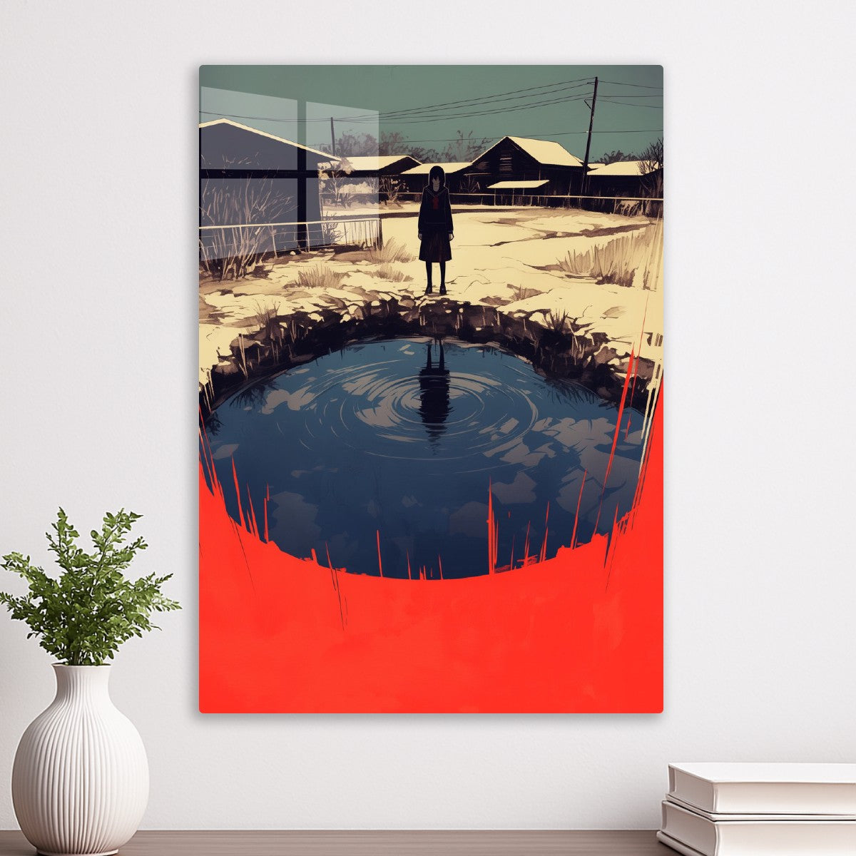 Girl by pond, dark anime style