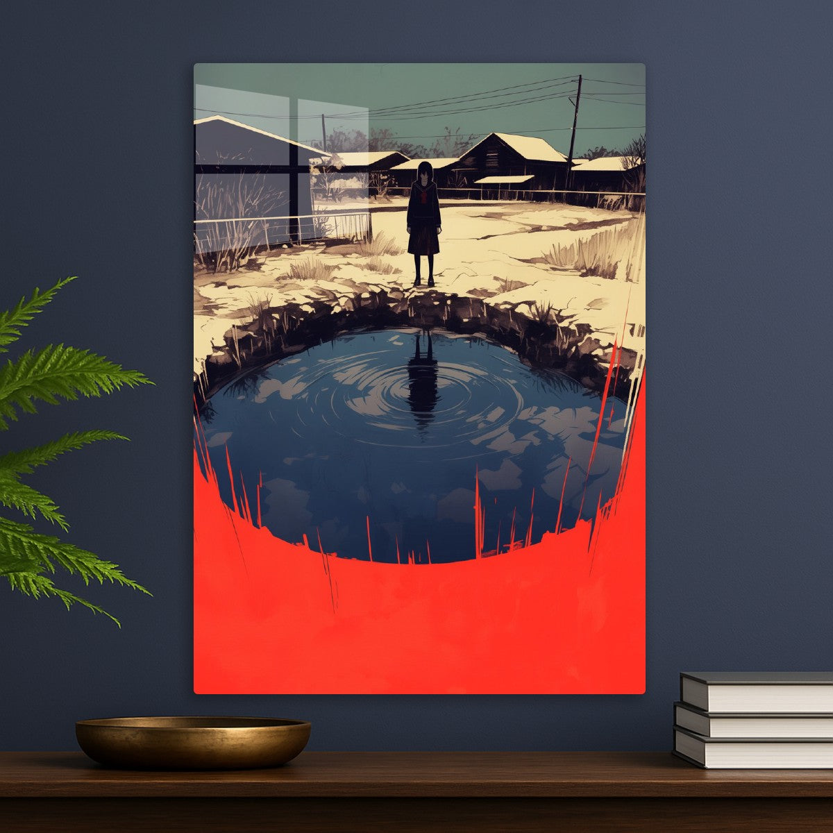 Girl by pond, dark anime style