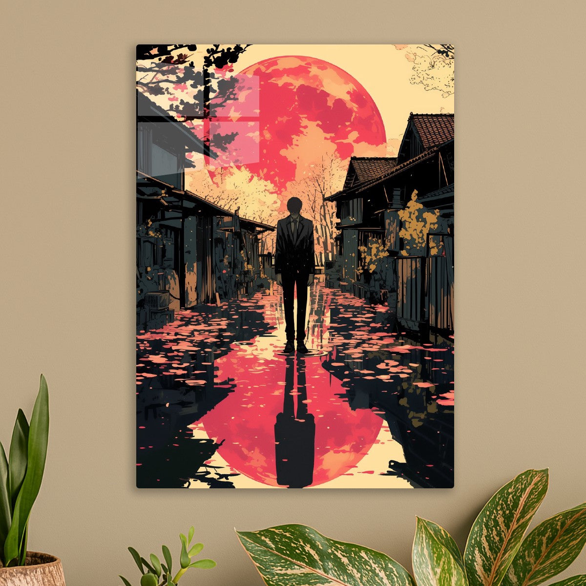 Man in Suit Under Red Moon
