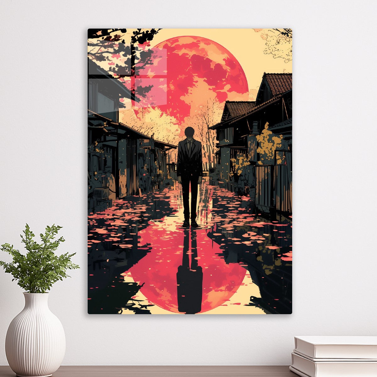 Man in Suit Under Red Moon