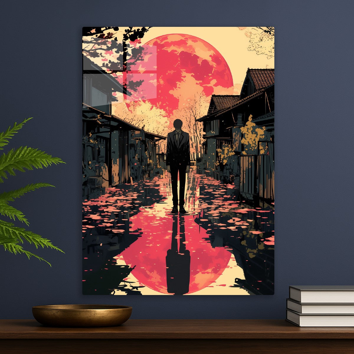Man in Suit Under Red Moon