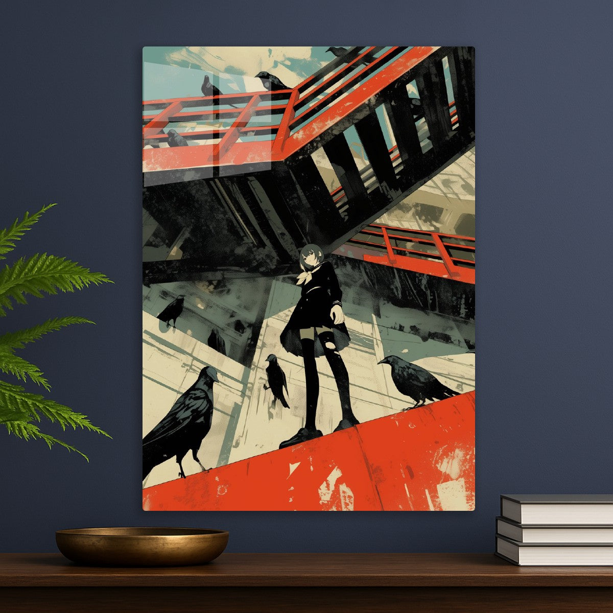 Girl, crows, and red bridge
