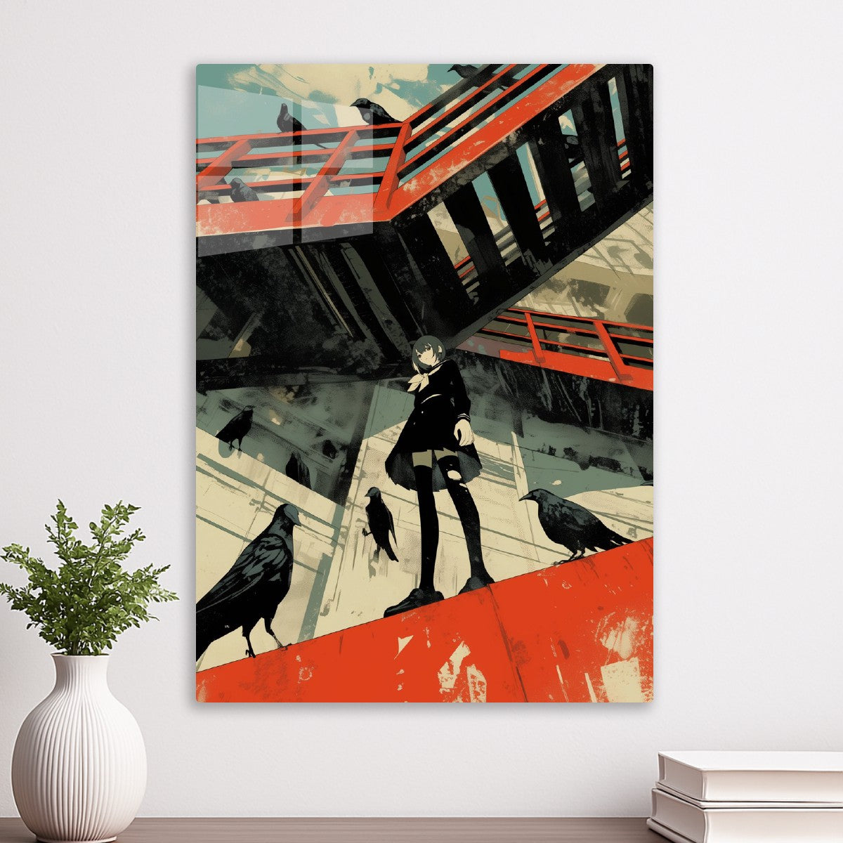 Girl, crows, and red bridge