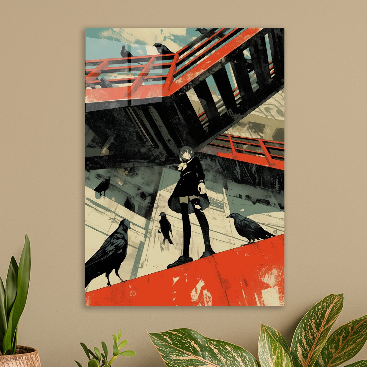 Girl, crows, and red bridge