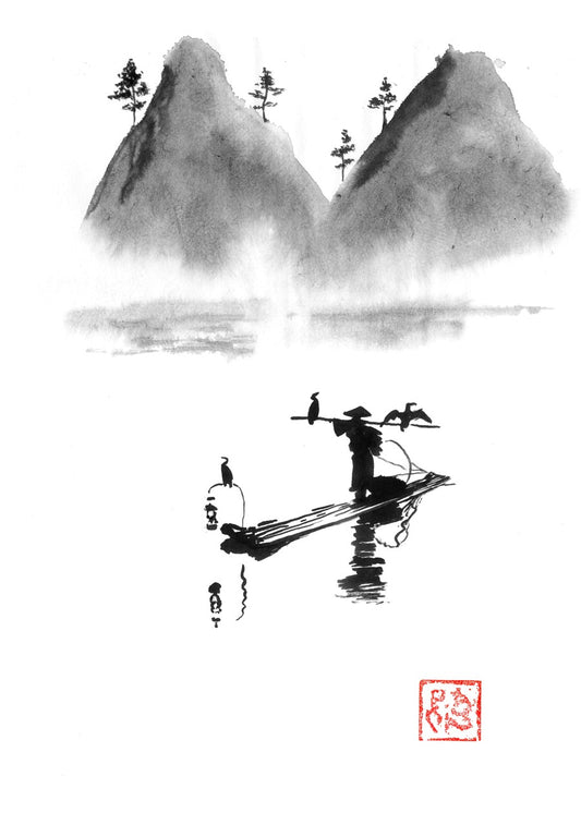 Fisherman and mountains