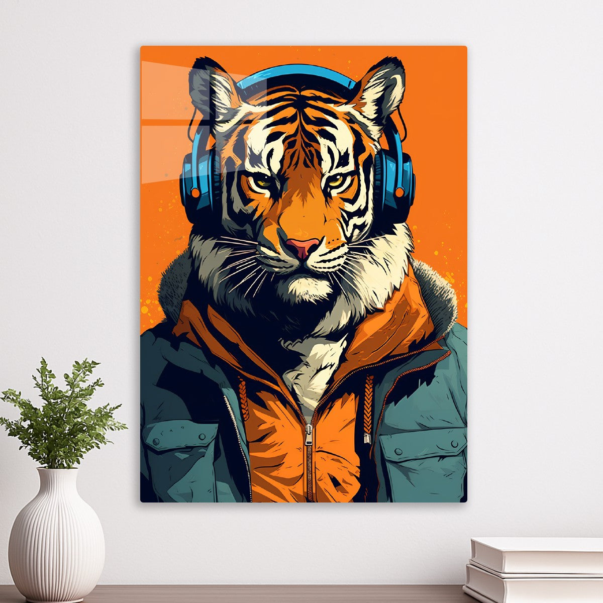 Animated Tiger listening music