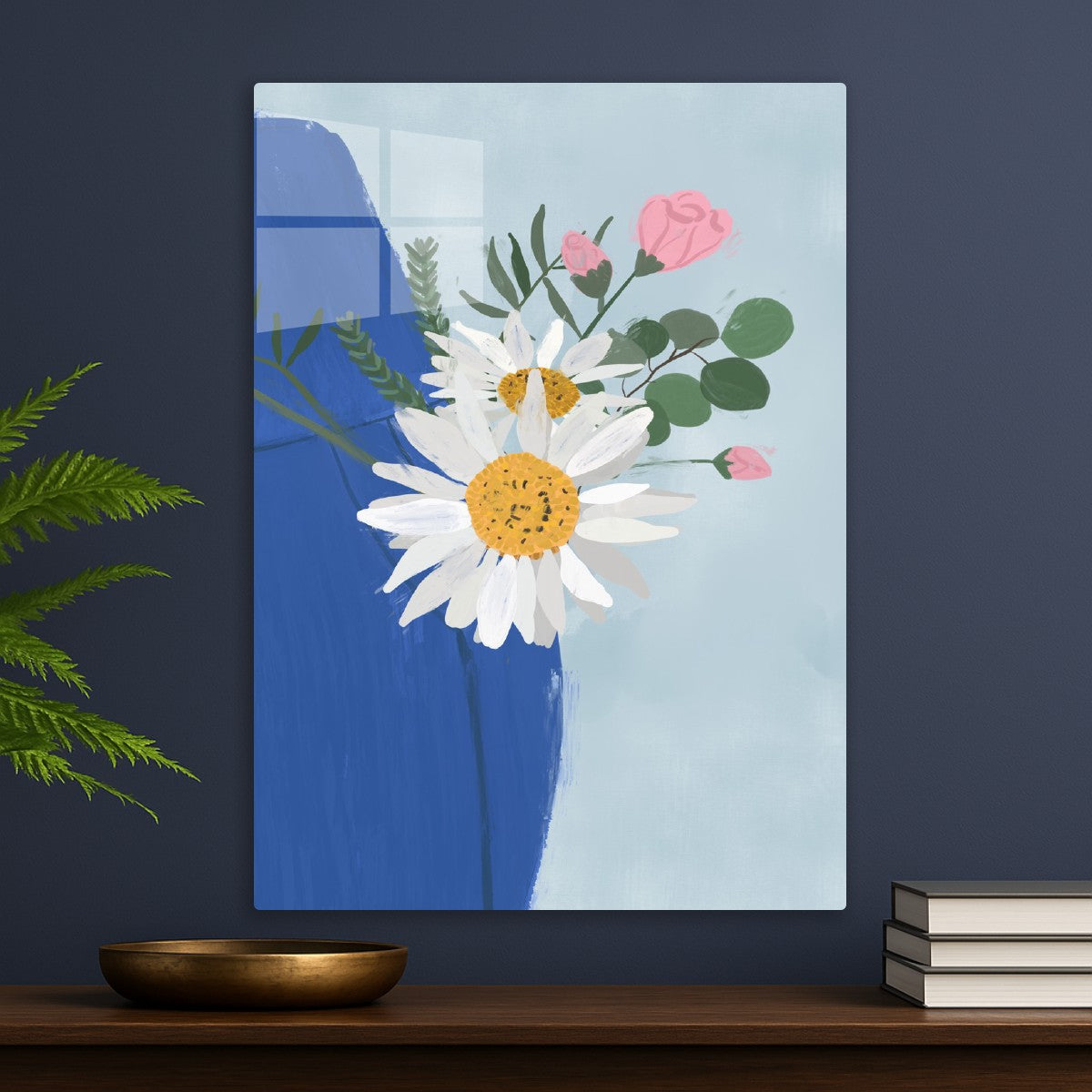 Daisies and roses in blue vase