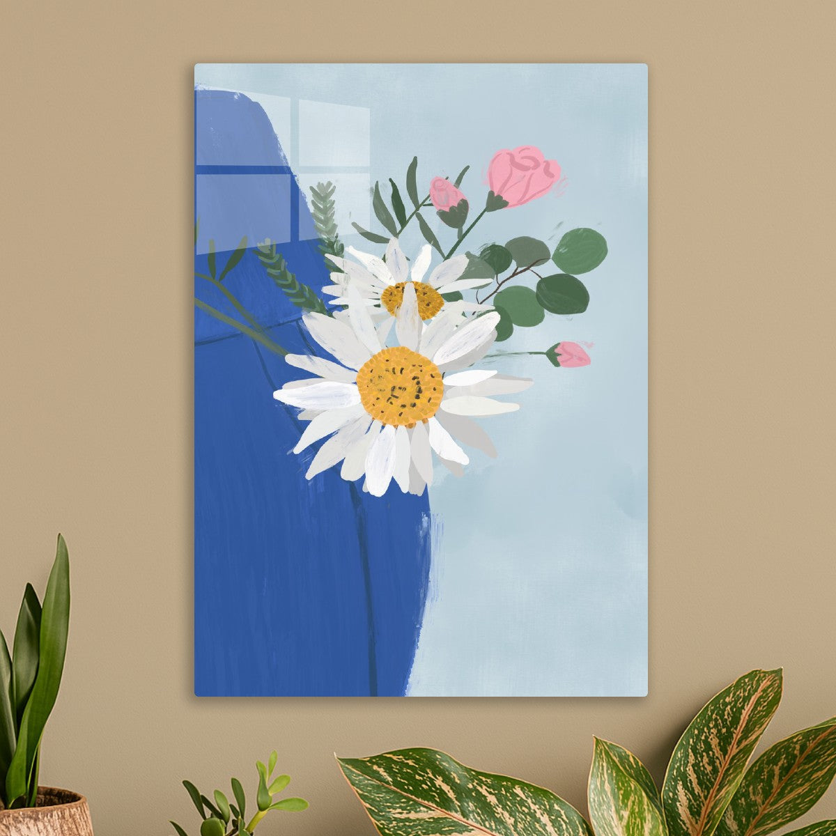 Daisies and roses in blue vase
