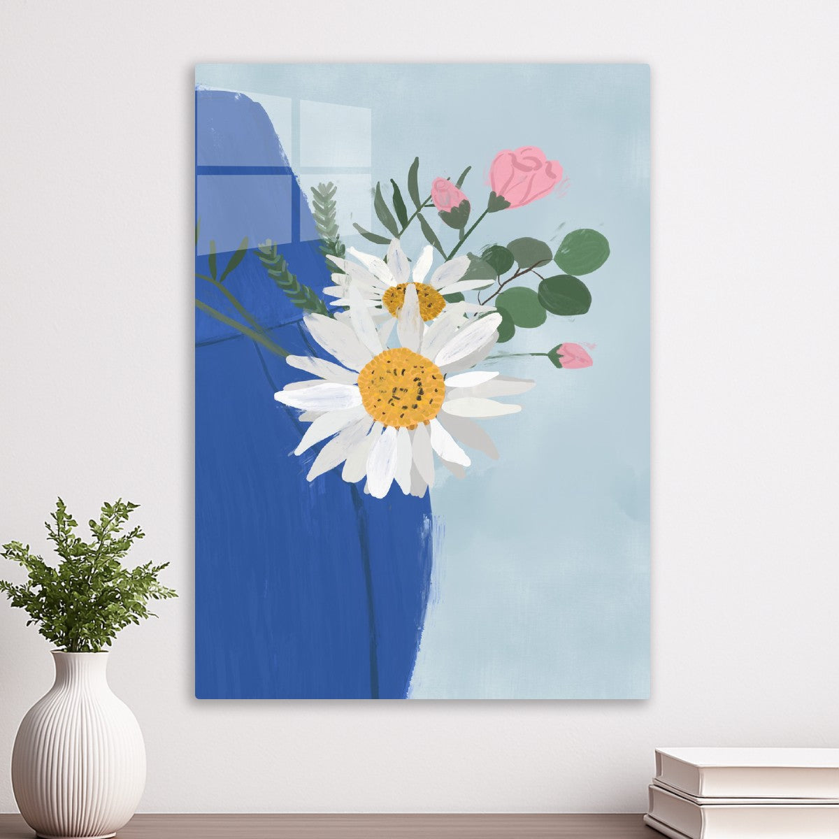 Daisies and roses in blue vase