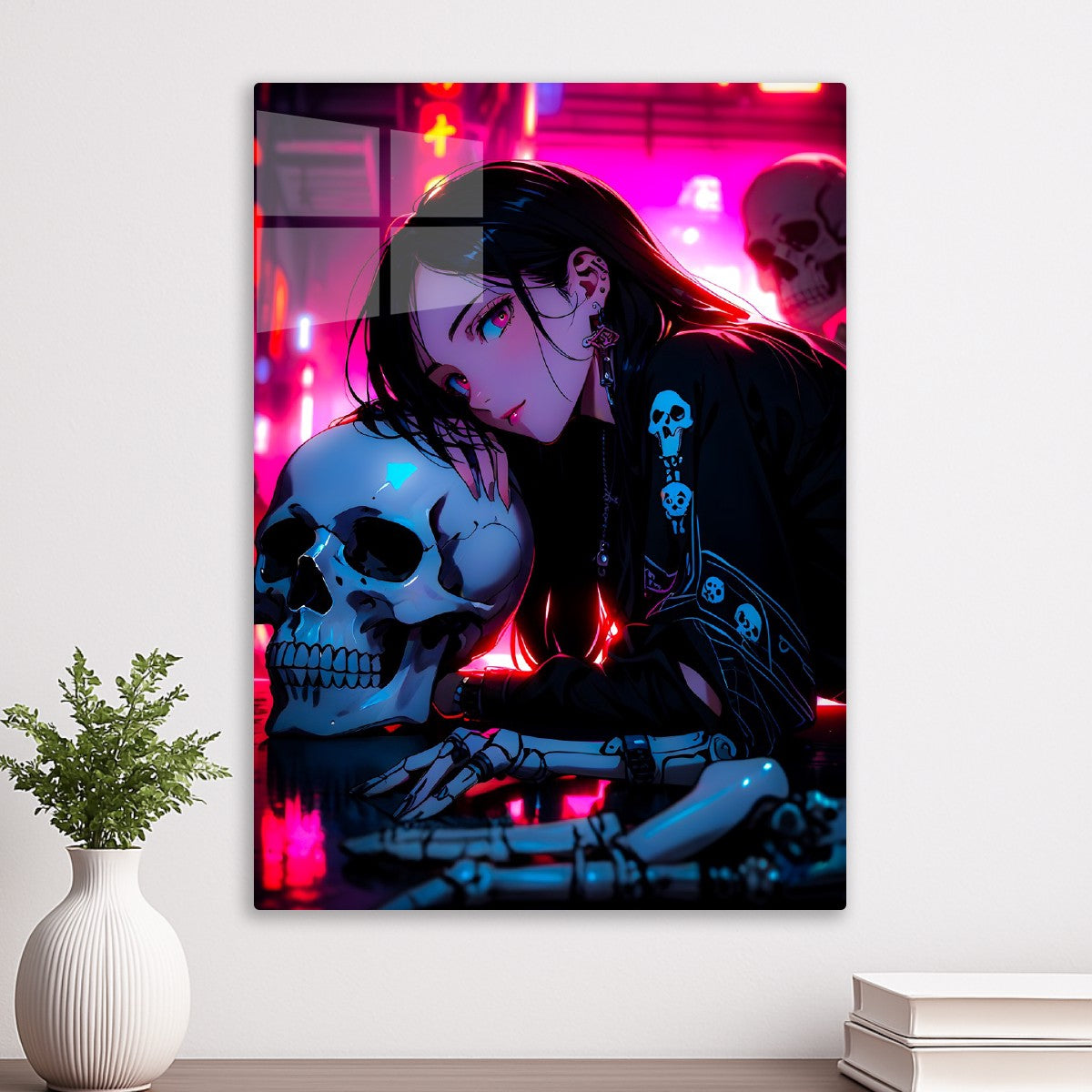 Goth Girl with Skull in Neon