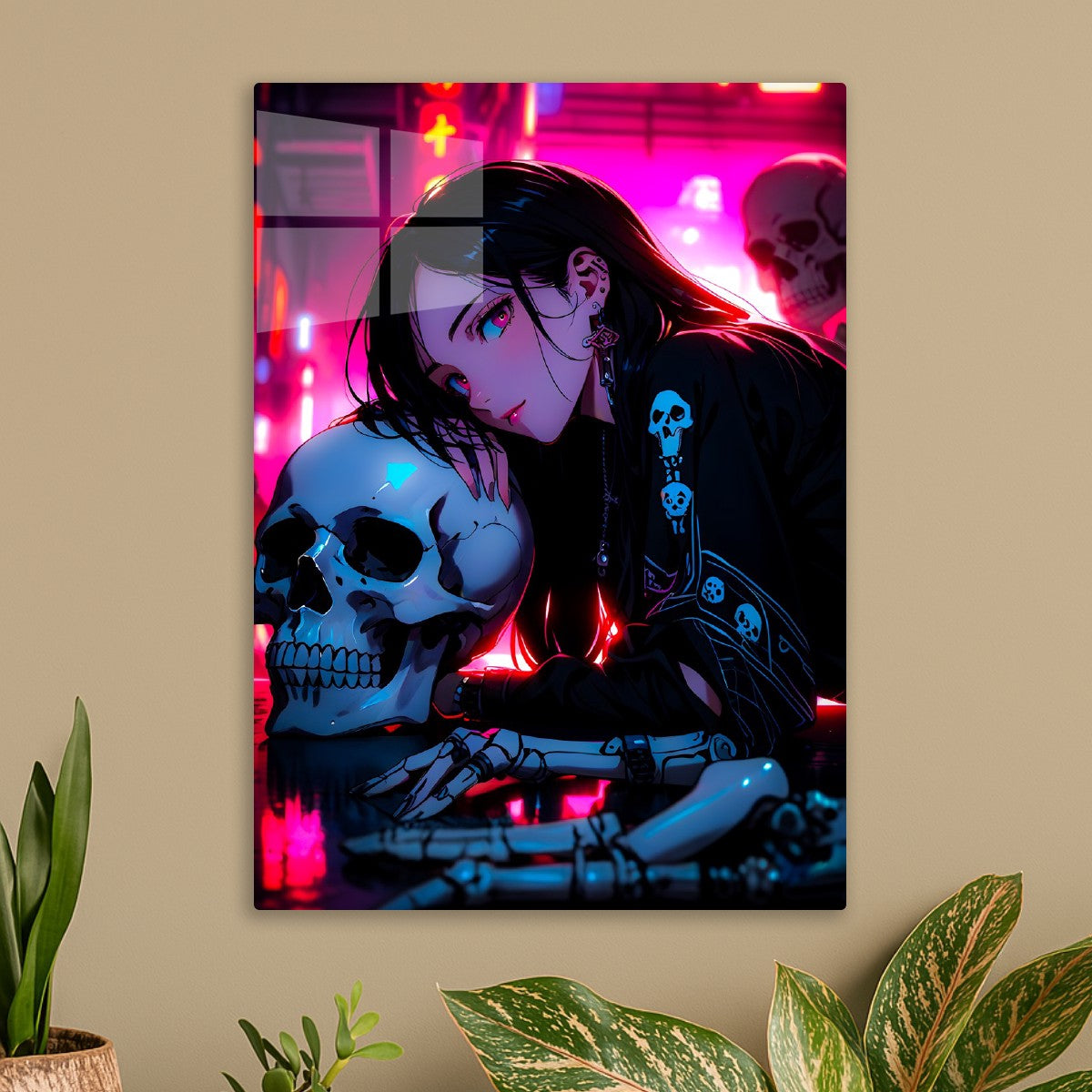 Goth Girl with Skull in Neon