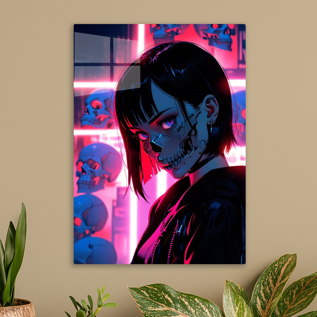 Neon Skull Girl in Darkness
