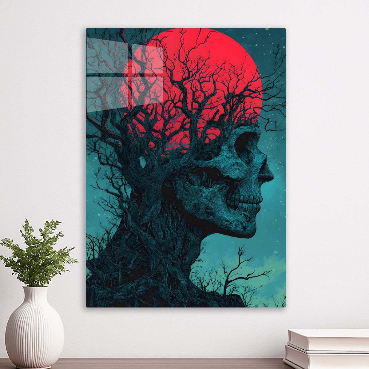 Eclipsed Visage of a red moon skeleton tree