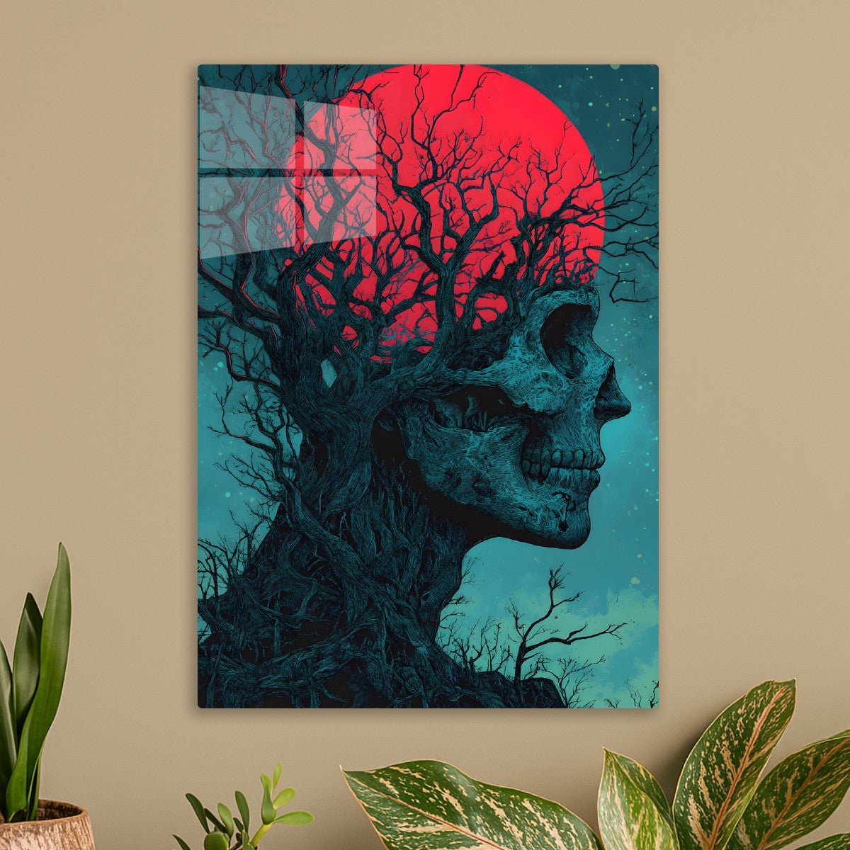 Eclipsed Visage of a red moon skeleton tree