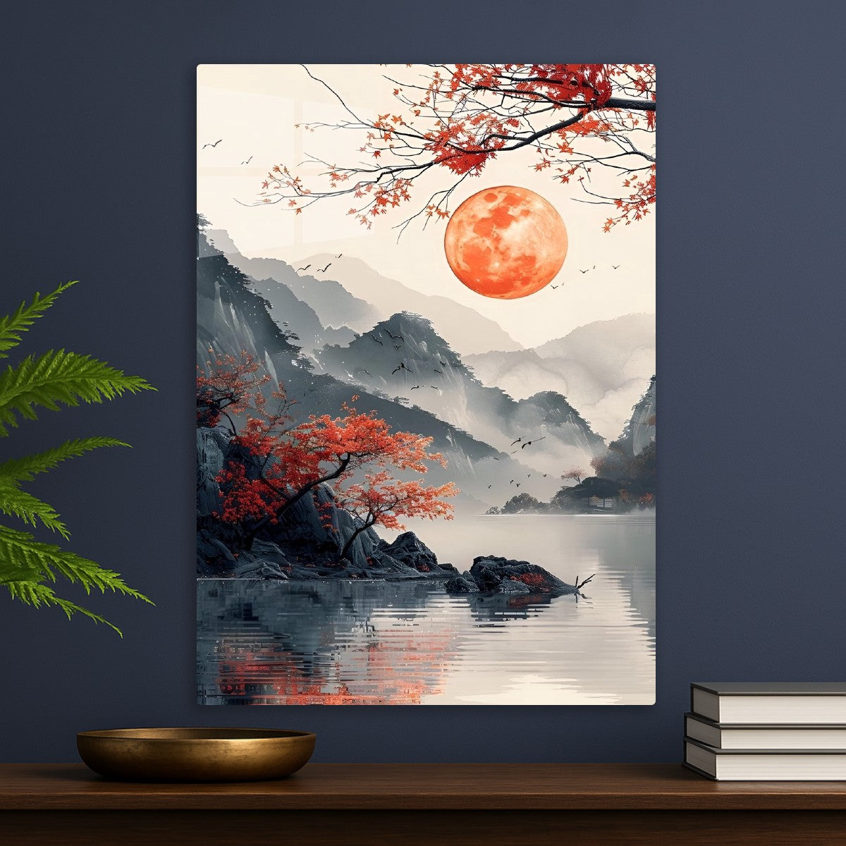 japan lakeview scenery red sun culture