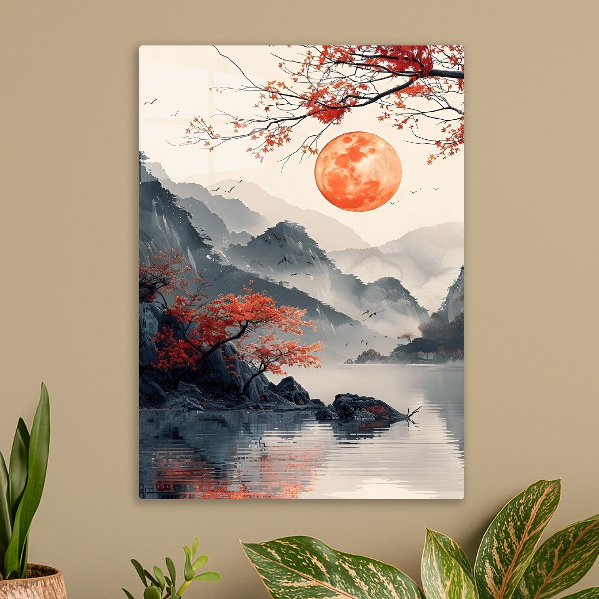 japan lakeview scenery red sun culture