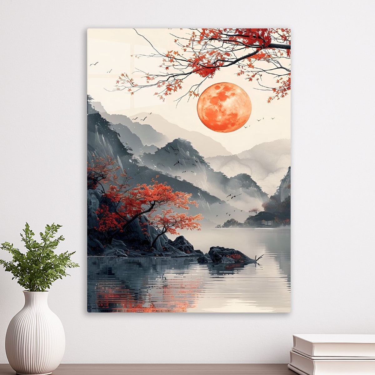 japan lakeview scenery red sun culture