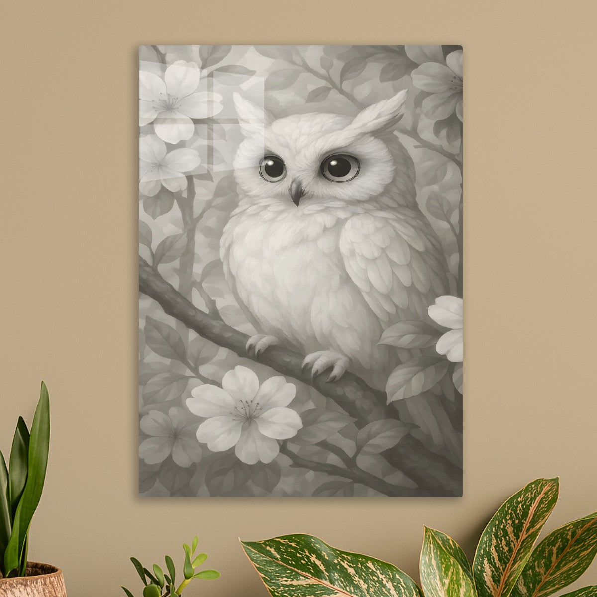 Cute White Owl With Flowers