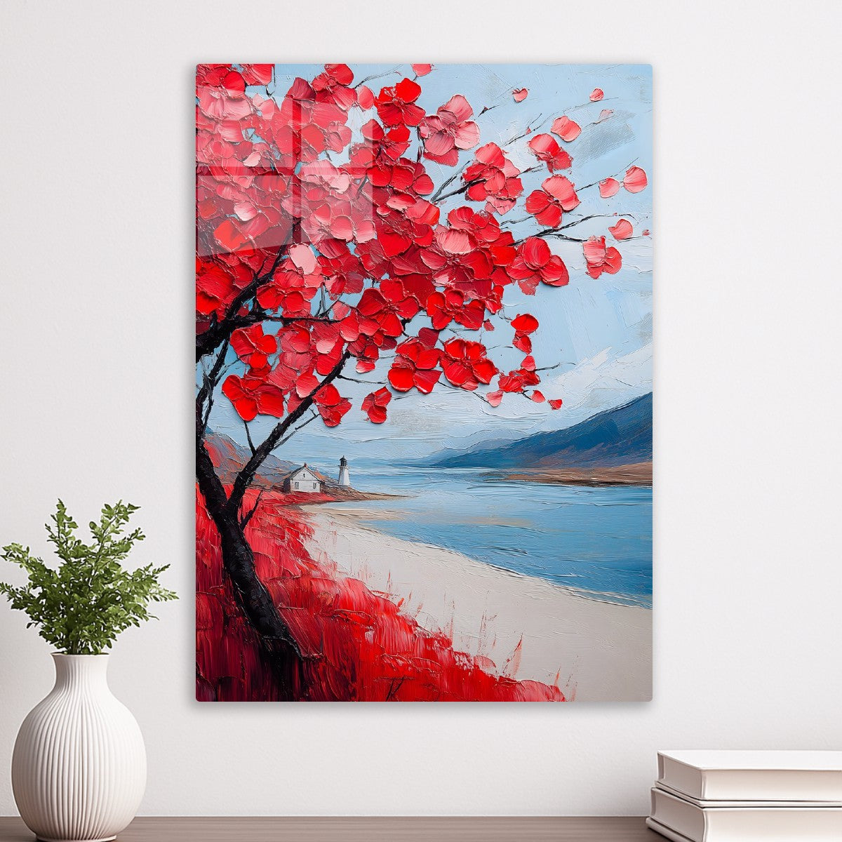 Crimson Blossoms by the Shore