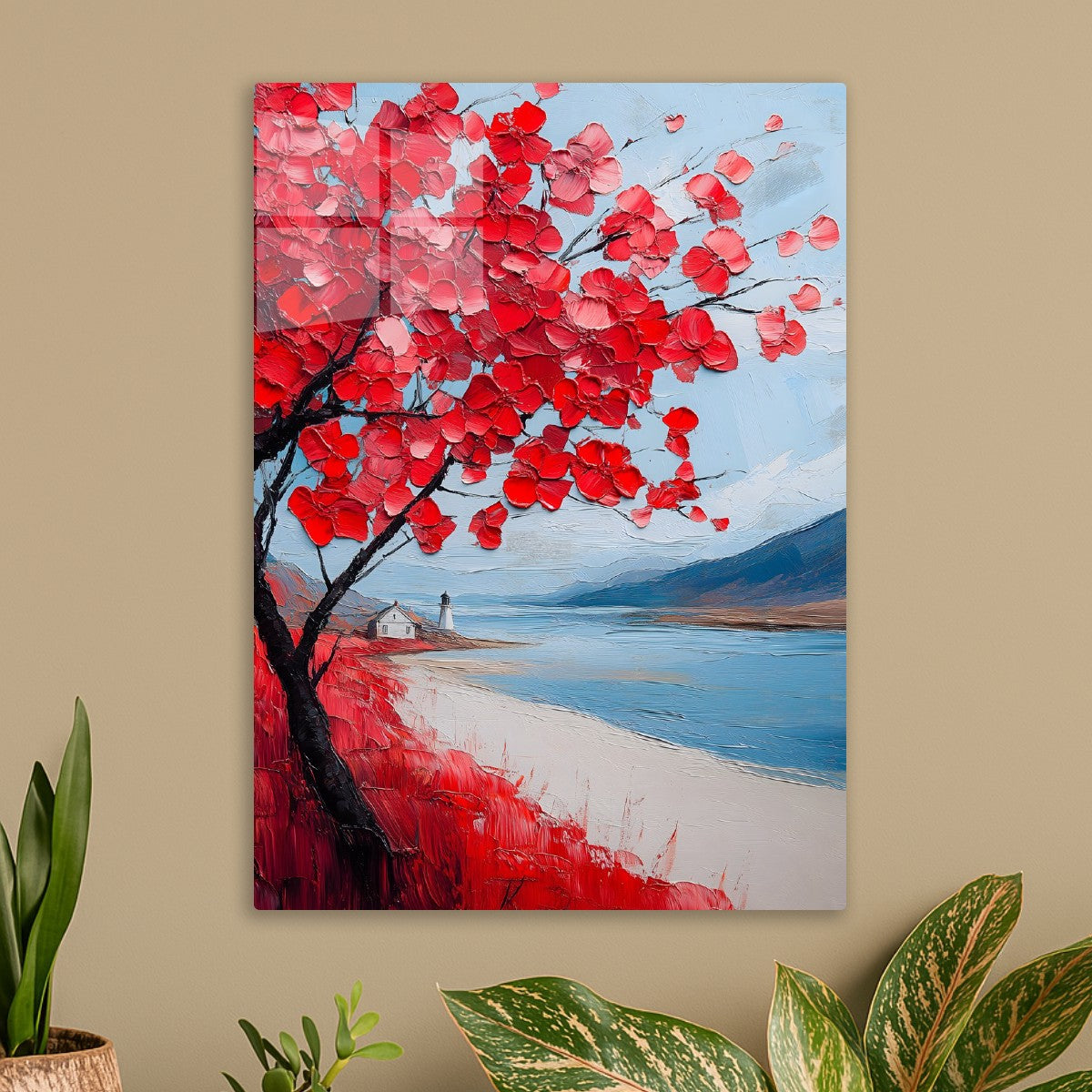 Crimson Blossoms by the Shore