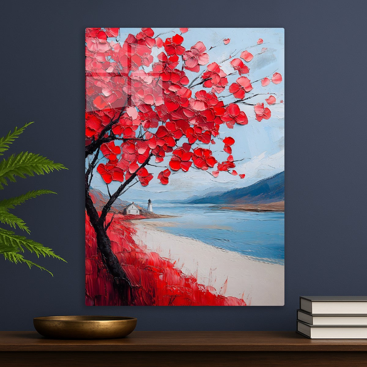 Crimson Blossoms by the Shore