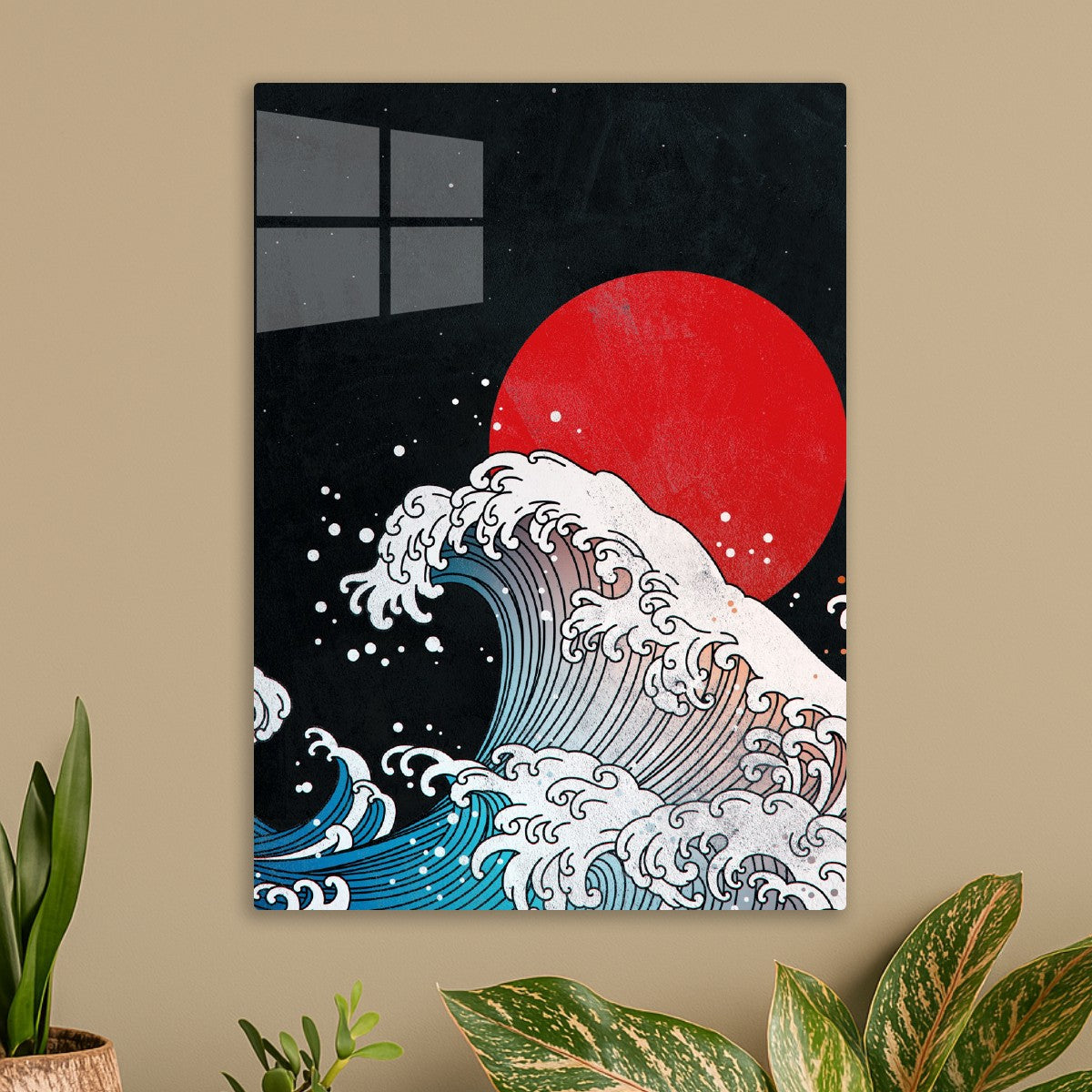 Red Sun Over Crashing Waves