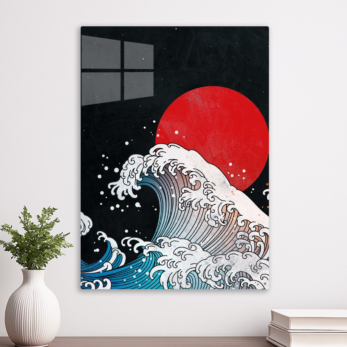 Red Sun Over Crashing Waves