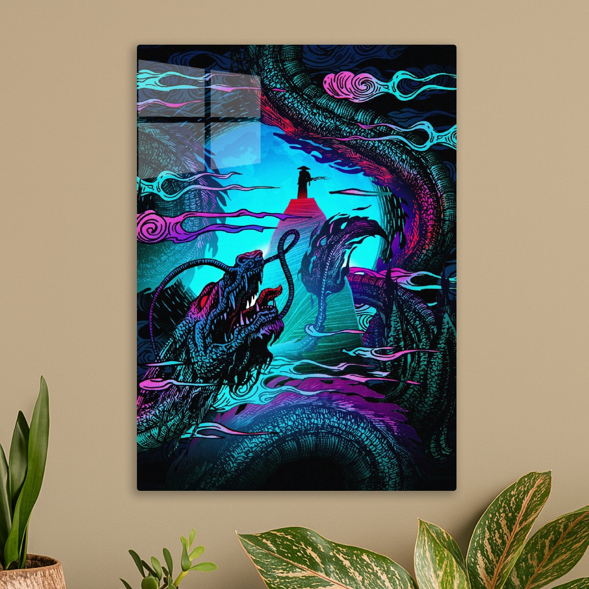 Neon Dragons and Lone Figure